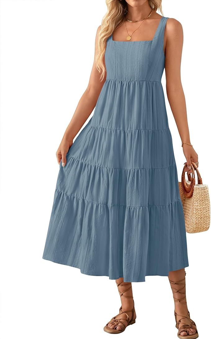 ZESICA Women's 2024 Summer Sleeveless Dress Casual Backless Loose Flowy Tiered Sundress Beach Cov... | Amazon (US)