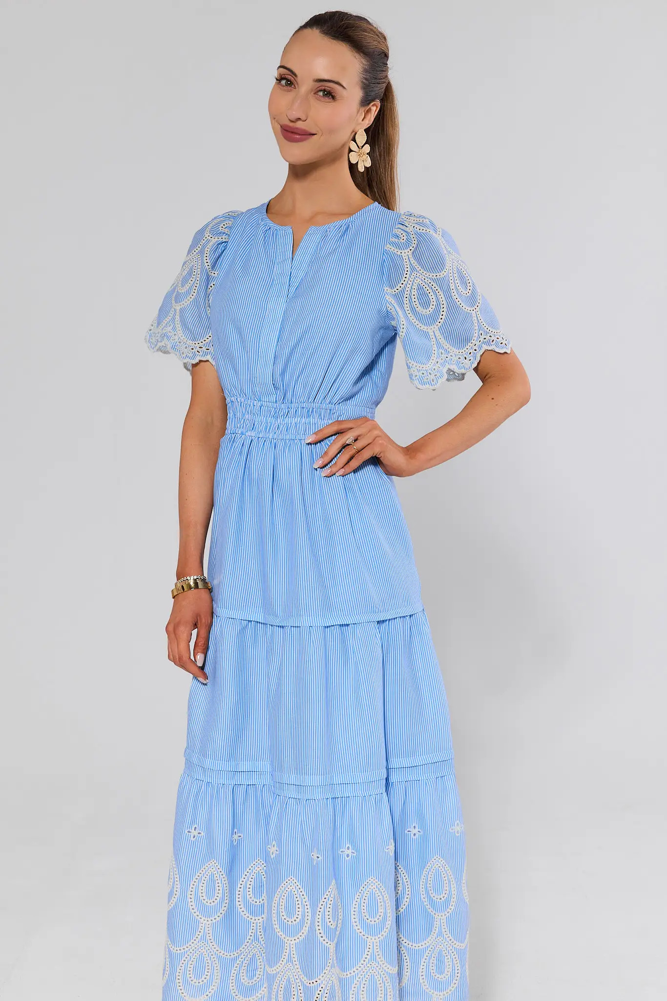 Brylee Blue Eyelet Trim Maxi Dress | Avara