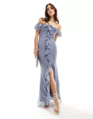 ASOS DESIGN frill bardot bias cut maxi dress in dusky blue | ASOS (Global)