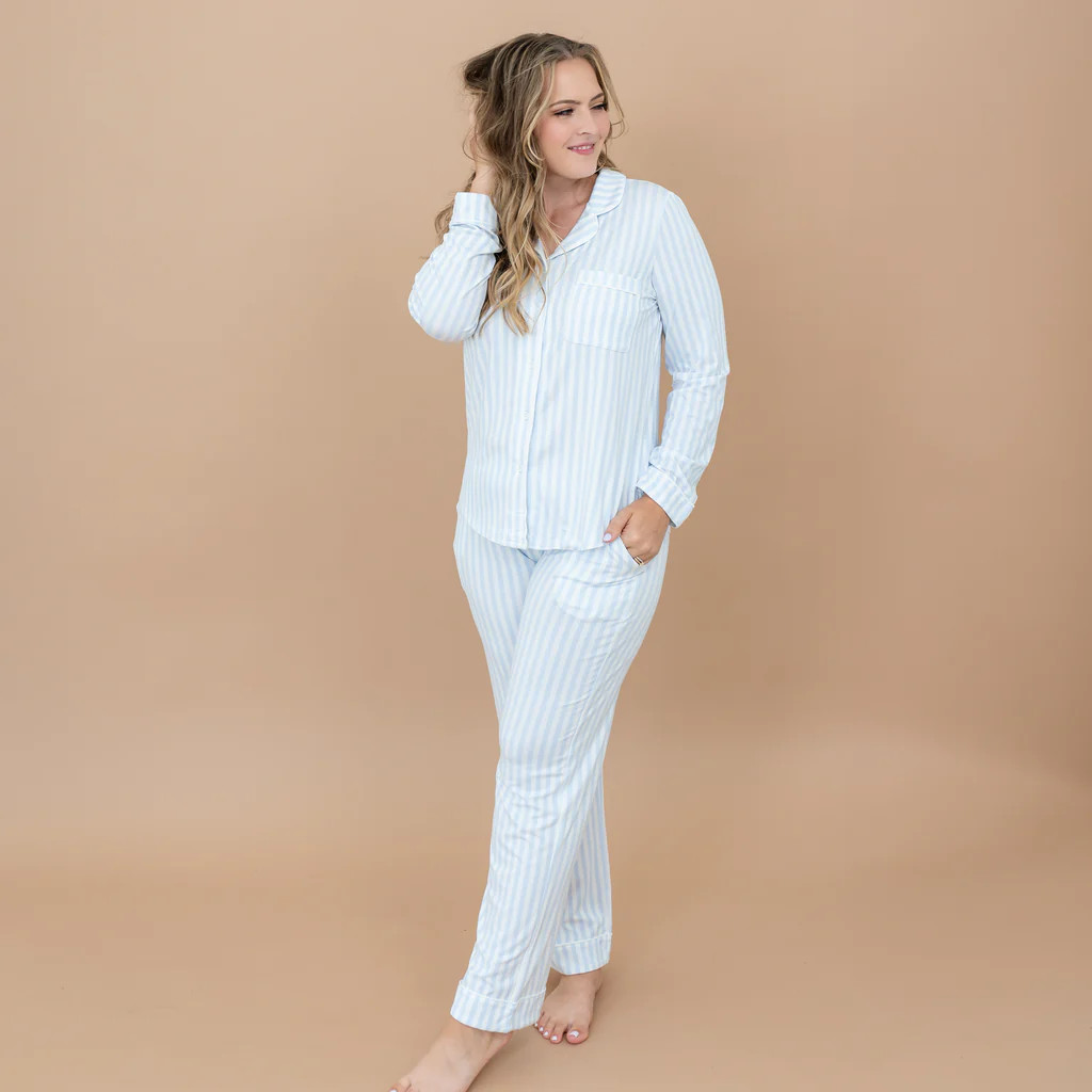 Long-Sleeved Women's Pajama Set in Small Mist Stripe with Cloud Trim | Kyte Baby