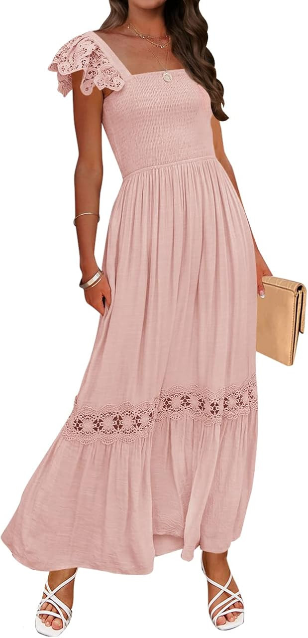 ZESICA Women's 2023 Summer Lace Strap Sleeveless Square Neck Smocked High Waist Ruffle Hollow Out... | Amazon (US)