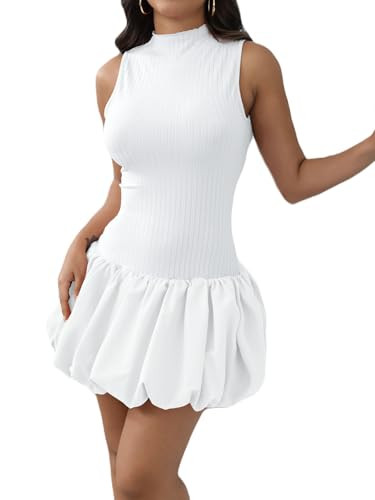 Mojessy Women Sleeveless Mock Neck Knit Mini Dress - Sexy Y2K Cute Bodycon Short Dress in Medium White | Amazon (US)