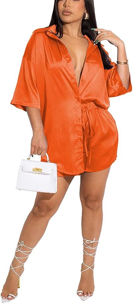 Two Piece Outfits for Women Sets Silk Satin Solid Color Buttons Short Sleeves Tops 2 Piece Shorts... | Amazon (US)