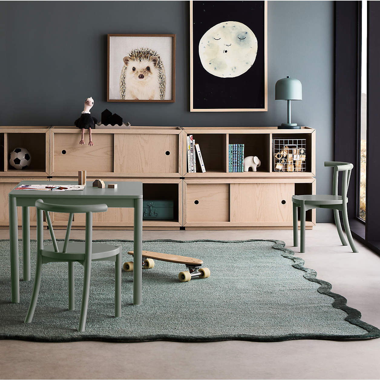 Wavy Border Muted Teal Kids Performance Area Rug 5'x8' + Reviews | Crate & Kids | Crate & Barrel