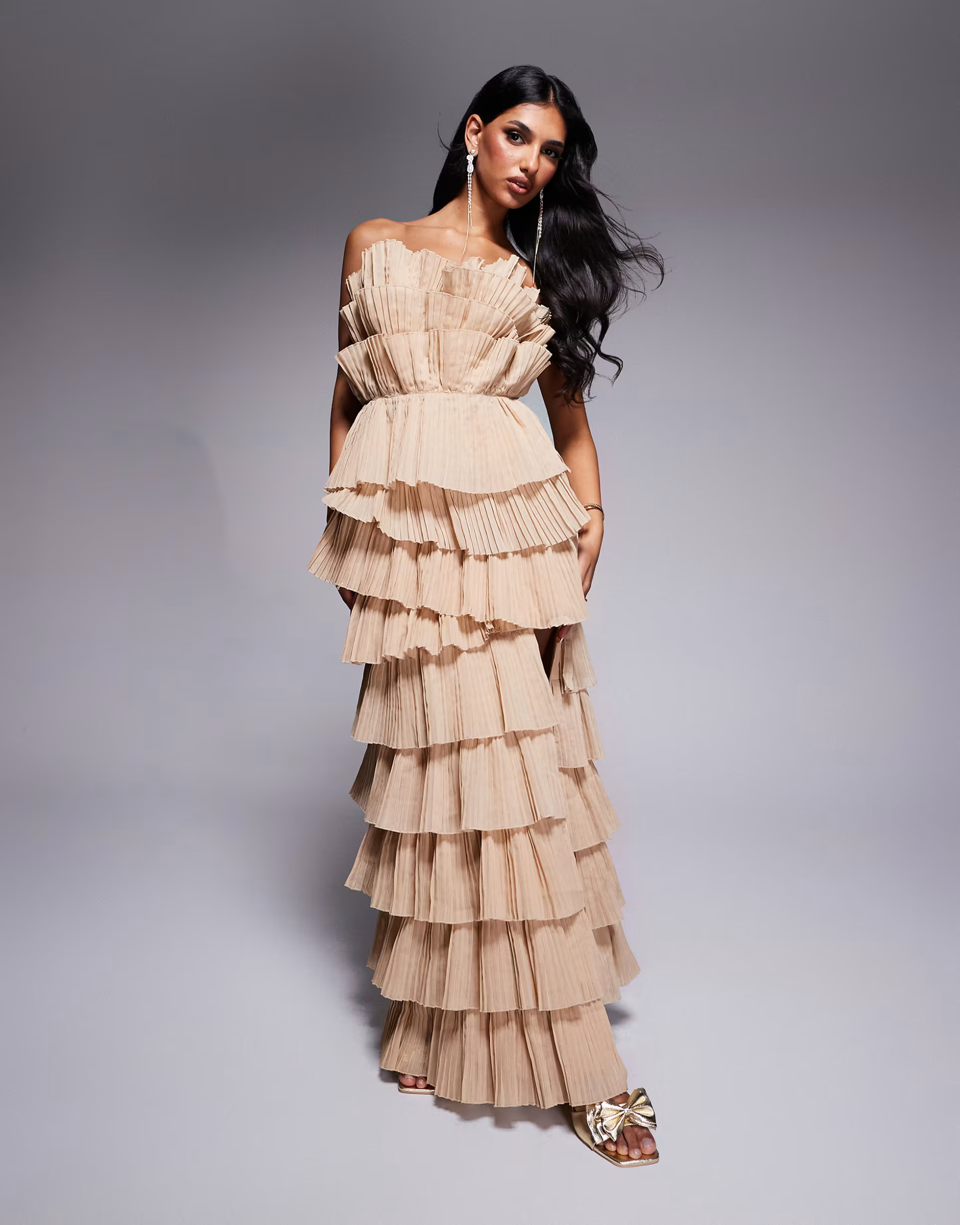 ASOS LUXE pleated organza bandeau maxi dress with side split in stone | ASOS (Global)