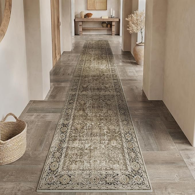 Brown Runner Rug 3x12 Vintage Area Carpet Hallway Long Indoor Kitchen Washable Living Room Low Pi... | Amazon (US)