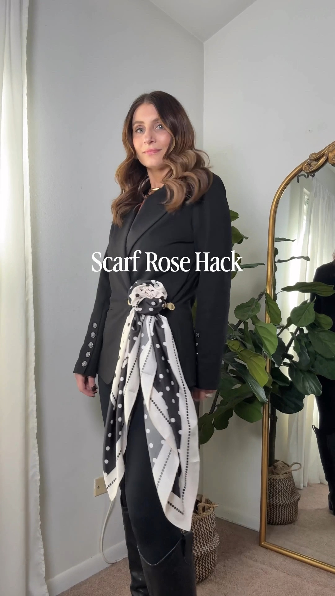 How to tie a scarf into a rose 🌹 
Workwear outfit, casual outfit, black blazer, black leggings, tall western boots, silk scarf tied into a rose, chic office look, dressy office look, easy outfit  
Spring outfits 2026
Work outfits
Business casual workwear 

#LTKootd #LTKSaleAlert #LTKWorkwear