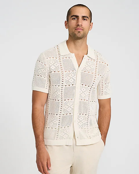 Textured Crochet Cotton Short Sleeve Sweater Polo | Express