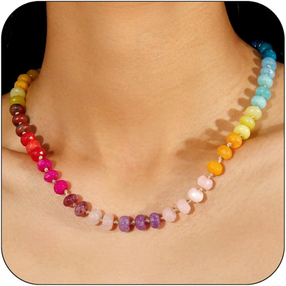 Gemstone Beaded Necklace for Women Colorful Natural Stone Freshwater Pearl Surfer Beach Rainbow N... | Amazon (US)
