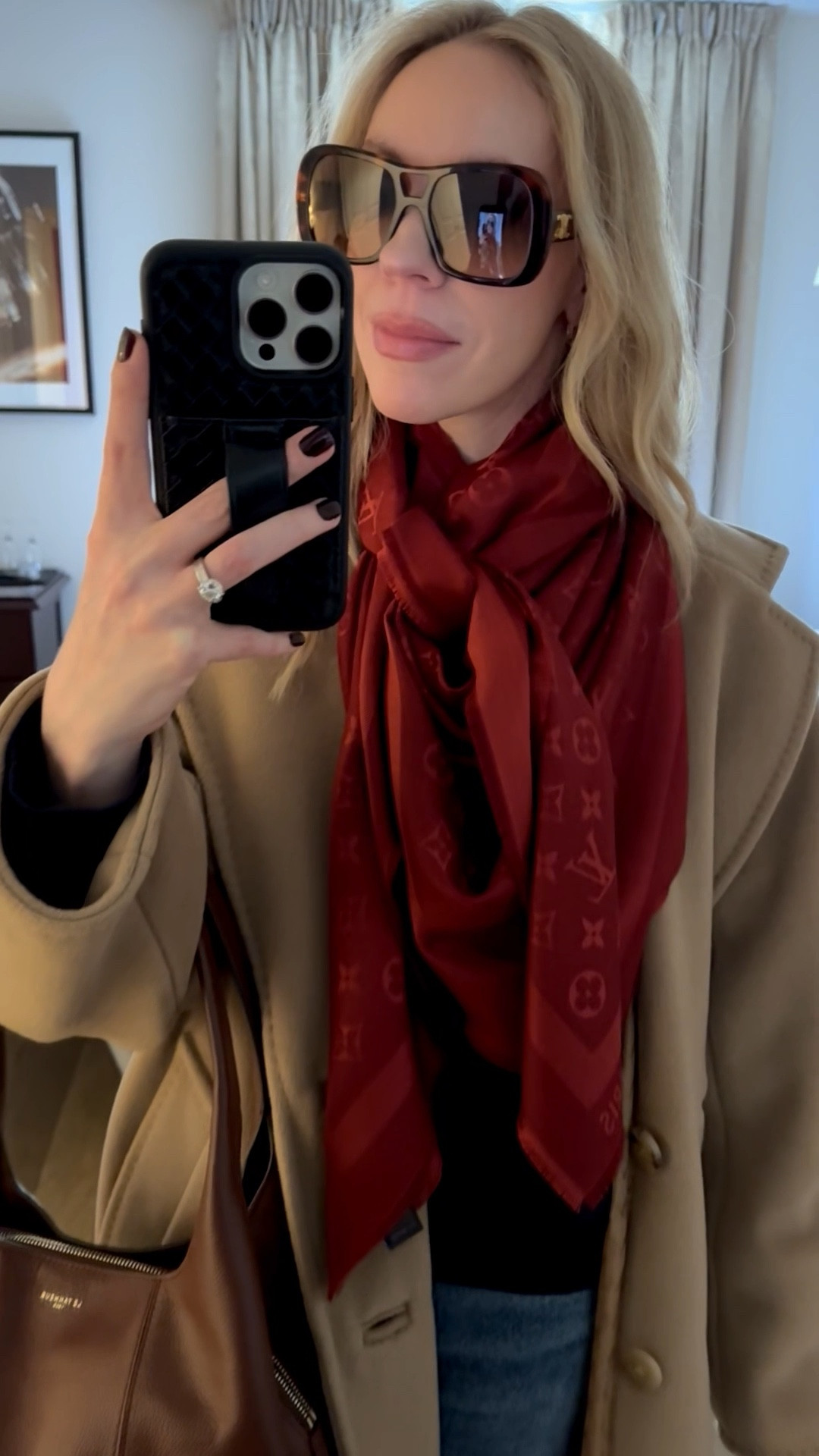 Casual spring travel look, camel coat, red Louis Vuitton scarf, @Shopbop AGOLDE jeans, navy blue and red, dark brown handbag for spring, brown Adidas Samba sneakers 

#LTKOver40 #LTKTravel #LTKSeasonal