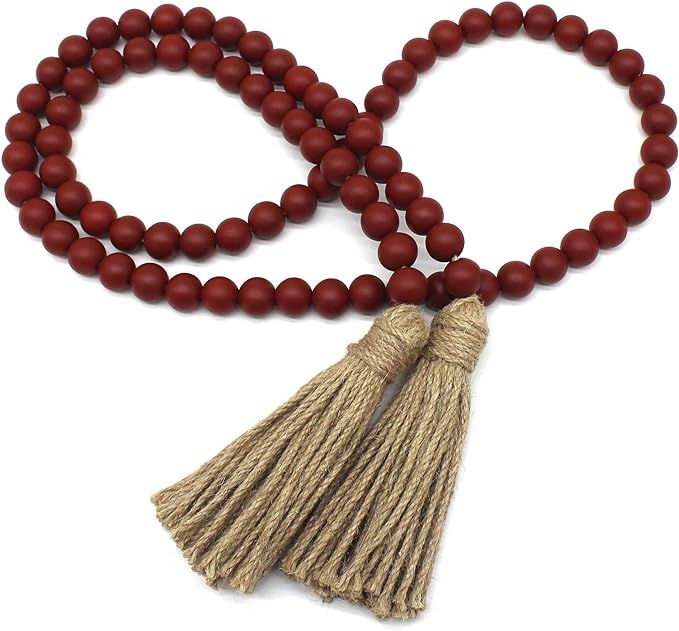 CVHOMEDECO. Wood Beads Garland with Tassels Farmhouse Rustic Wooden Prayer Bead String Wall Hangi... | Amazon (US)