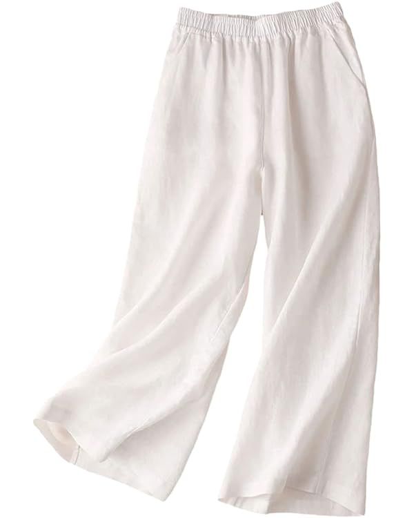 IXIMO Women's Linen Pants Elastic Wasit Wide Leg Long Palazzo Pants Trousers | Amazon (US)
