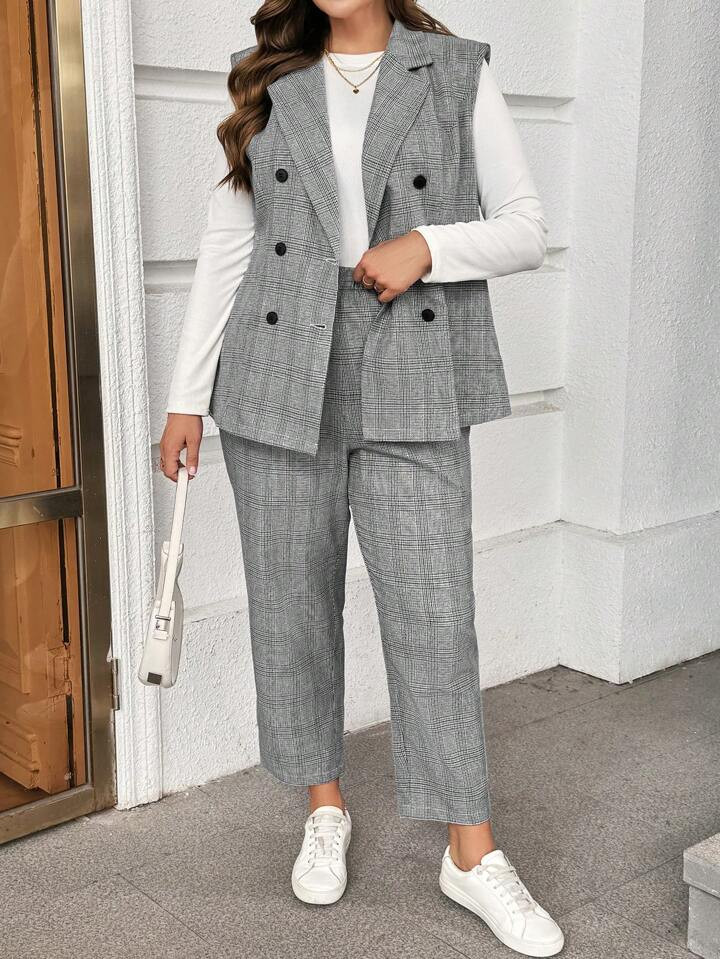 SHEIN Essnce Plus Size Women's Autumn And Winter Casual Gray Plaid Suit Vest And Trousers Two-Pie... | SHEIN