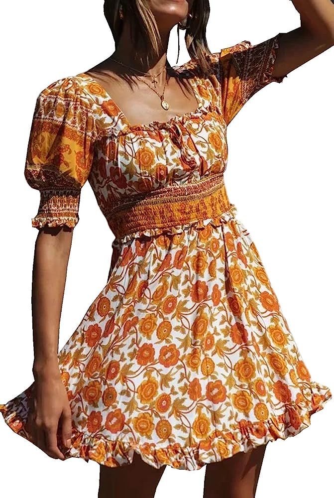 Women's Summer Short Sleeve Cotton Floral Print Bohemian Mini Dress | Amazon (US)