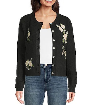 Lucky Brand Cloud Knit Crew Neck Long Sleeve Floral Embroidered Cardigan - XL | Dillard's