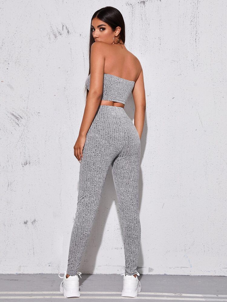 SHEIN Rib-knit Crop Tube Top & Leggings Set | SHEIN