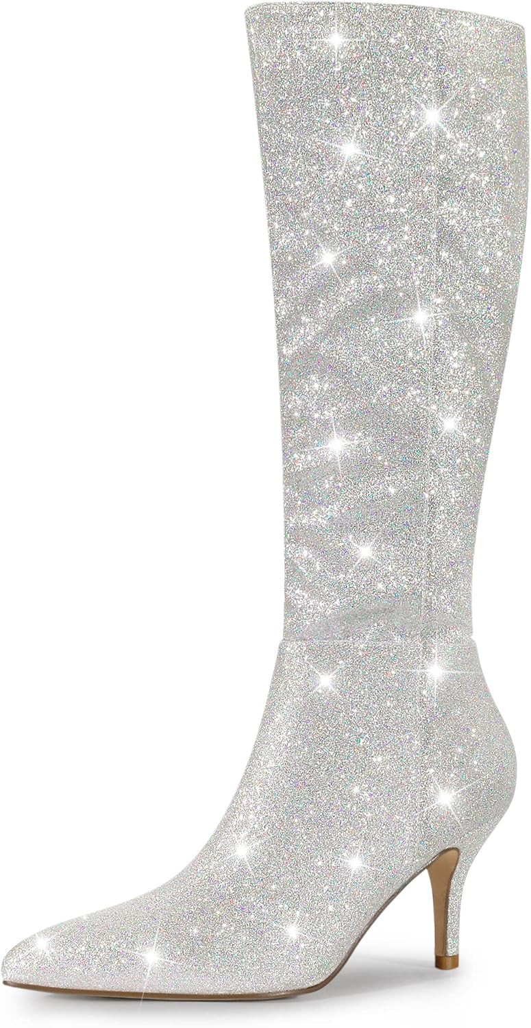 Allegra K Women's Sparkle Glitter Pointy Toe Stiletto Heel Knee High Boots | Amazon (US)