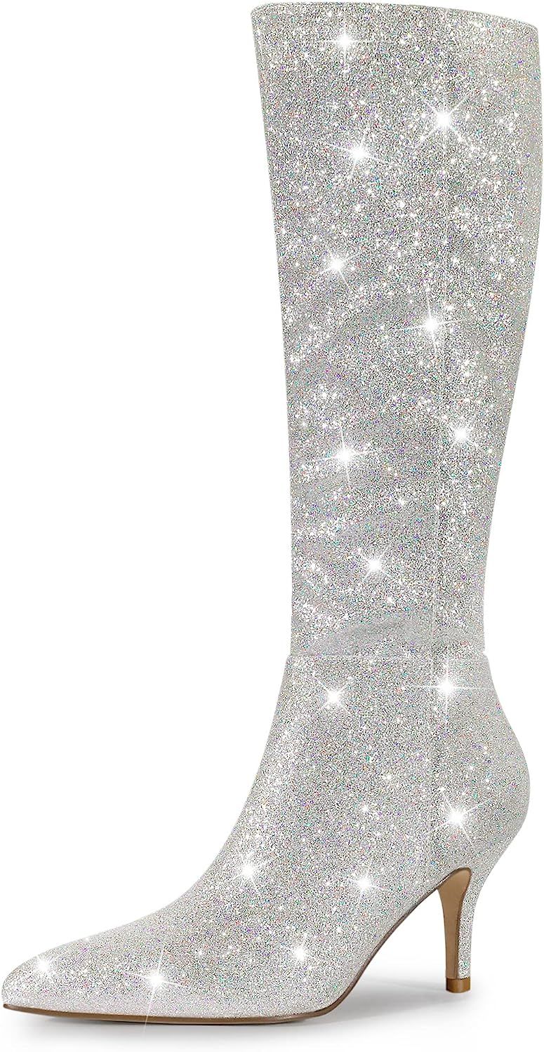 Allegra K Women's Sparkle Glitter Pointy Toe Stiletto Heel Knee High Boots | Amazon (US)