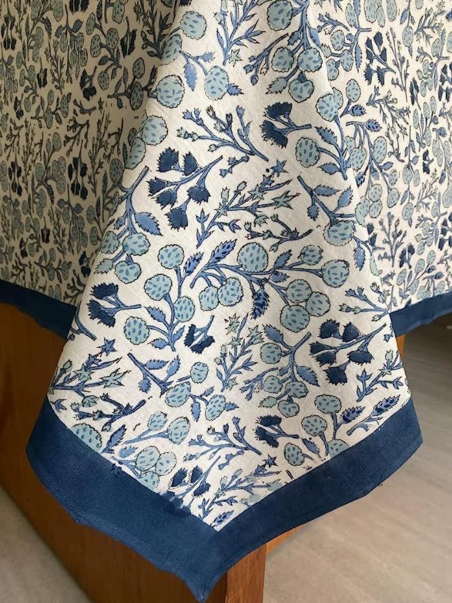 Denim and Baby Blue Table Cloth, Border Design Hand Block Print Table Cloth Table Cover and Linen... | Amazon (US)