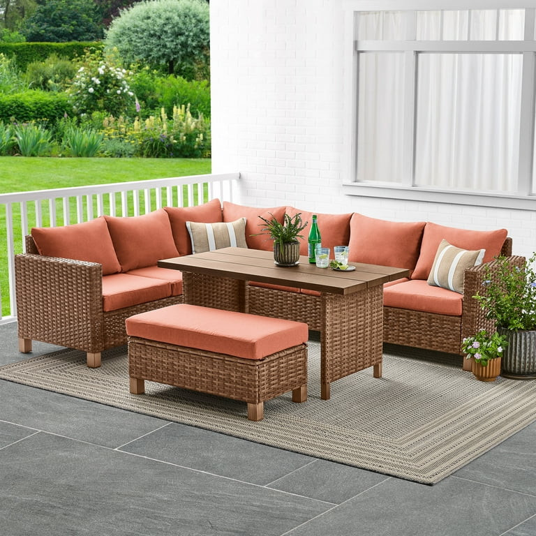 Better Homes & Gardens Brookbury 4-Piece Outdoor Wicker Patio Sectional Dining Set, Terracotta Cu... | Walmart (US)