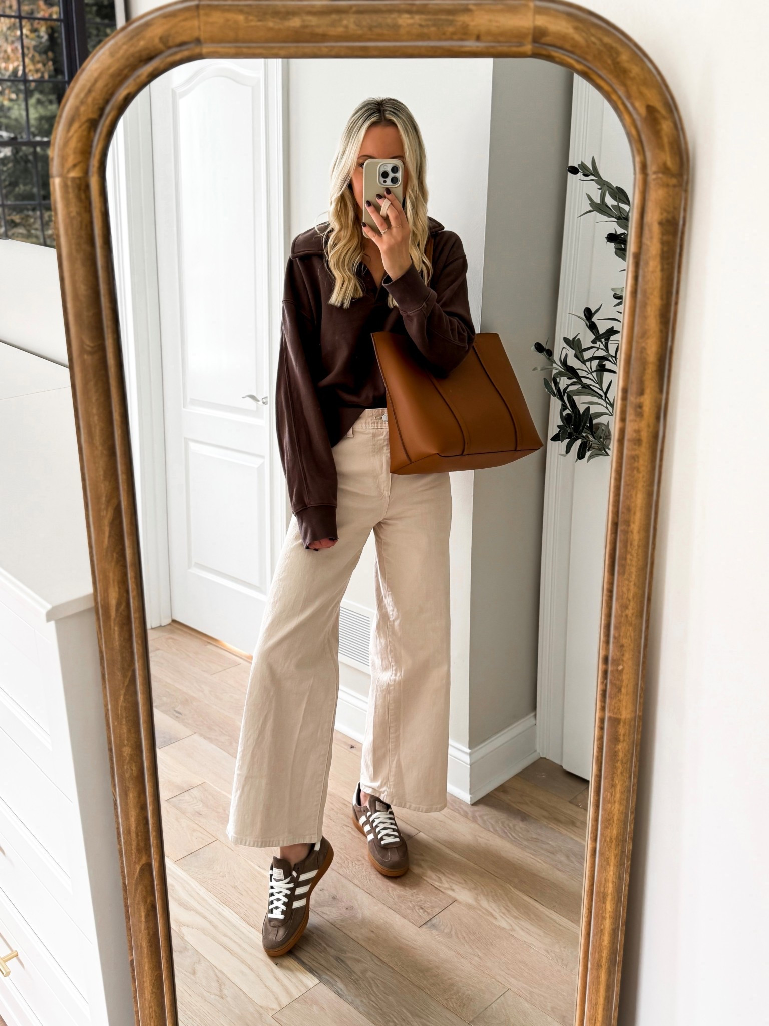 New + on sale at Target // Realistic outfit idea 40% off‼️ An everyday outfit I’ll actually wear often! This pullover is giving Aerie and is so soft on the inside! I also have it in cream and black! So cute with leggings, too! And these wide leg sailor jeans- I love them so much, I have them in just about every single wash! I size up one! Teacher-friendly and great for all day wear! And these brown handball adidas sneakers and this brown tote have been pieces I grab for often right now! Just love how this everyday easy outfit comes together for fall!



#LTKFindsUnder50 #LTKCyberWeek #LTKSaleAlert