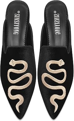 Embroidered Mules for Women Pointed Toe Backless Velvet Flats with Snake Pattern | Amazon (US)