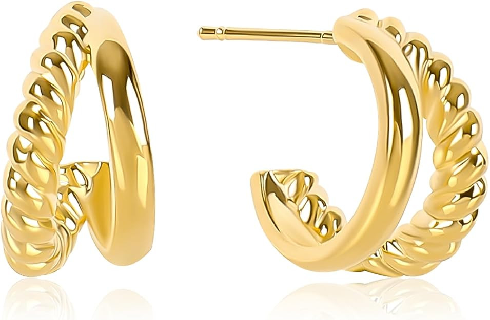 Gold Double Hoop Earrings for Women 14K Gold Plated Spiral Twist Earrings Double Hoop Earrings fo... | Amazon (US)