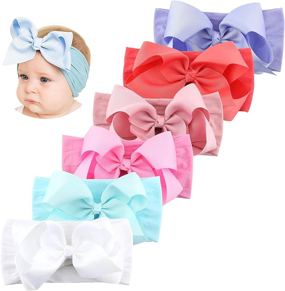 Makone Handmade Nylon Headband with Bows Stretchy Pom Pom Bun 5.5 inch Big Hair Bow Headband for Inf | Amazon (US)