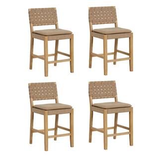 Cohen 24 in. Natural Brown Wood Mid-Century Leather Bar Stool, with Footrest and Woven Back for K... | The Home Depot