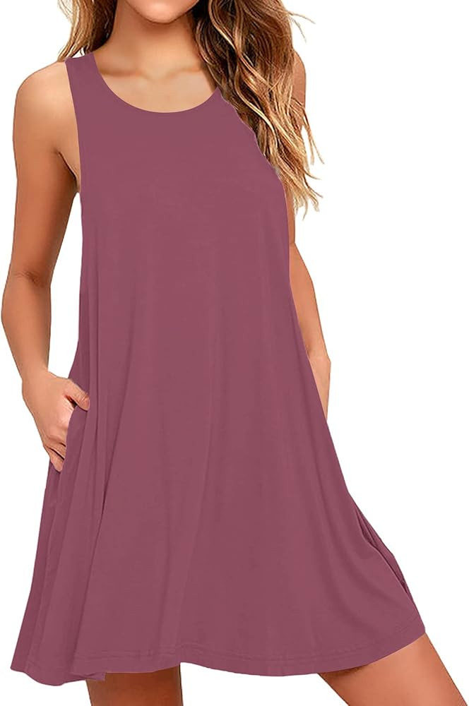 AUSELILY Women Summer Casual T Shirt Dresses Beach Cover up Plain Pleated Tank Dress | Amazon (US)