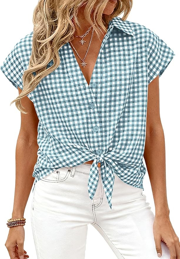 PRETTYGARDEN Womens Short Sleeve Shirts Plaid Button Down Blouse Dressy Casual 2026 Summer Spring... | Amazon (US)
