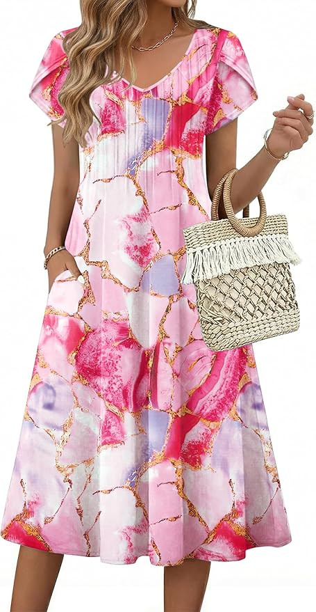 Zeagoo Womens Casual Summer Dress 2026 Short Sleeve Dresses Pleats Midi A Line Flowy Dress Boho B... | Amazon (US)