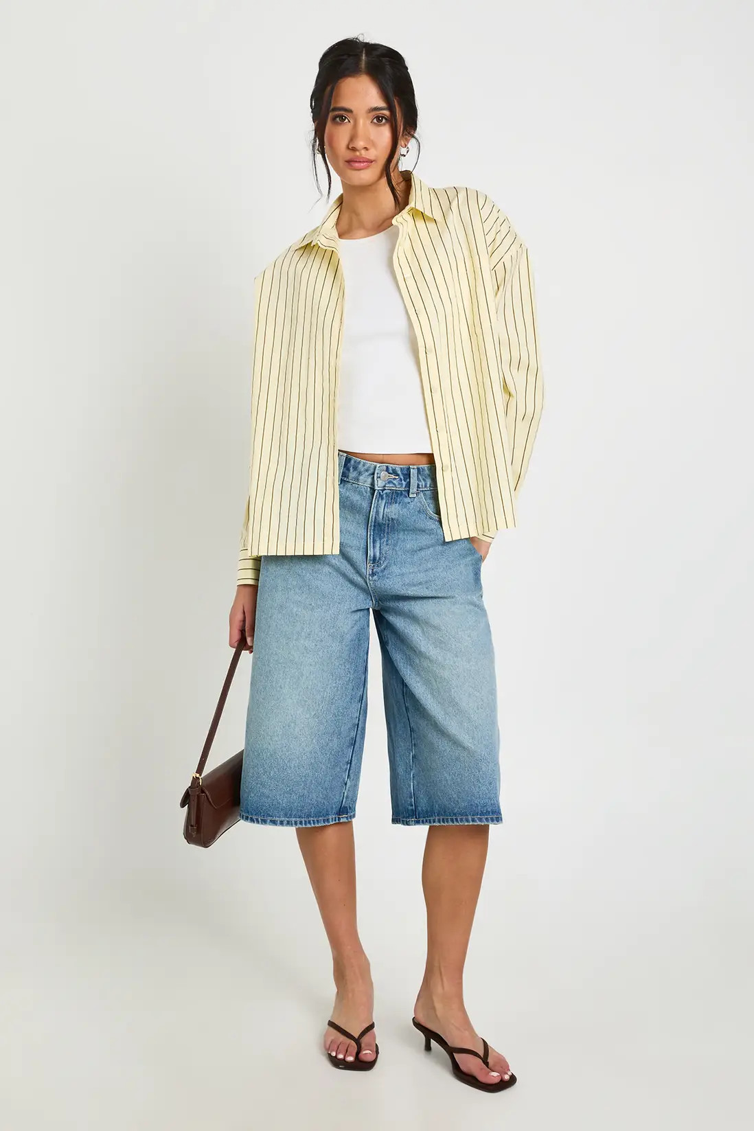 Mid Blue Mid Rise Longline Denim Jorts | Boohoo | Boohoo.com (UK & IE)