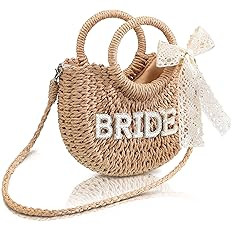 Bride Straw Purse Handwoven Bag Rhinestone Letter Patches Bag Bachelorette Party Honeymoon Weddin... | Amazon (US)
