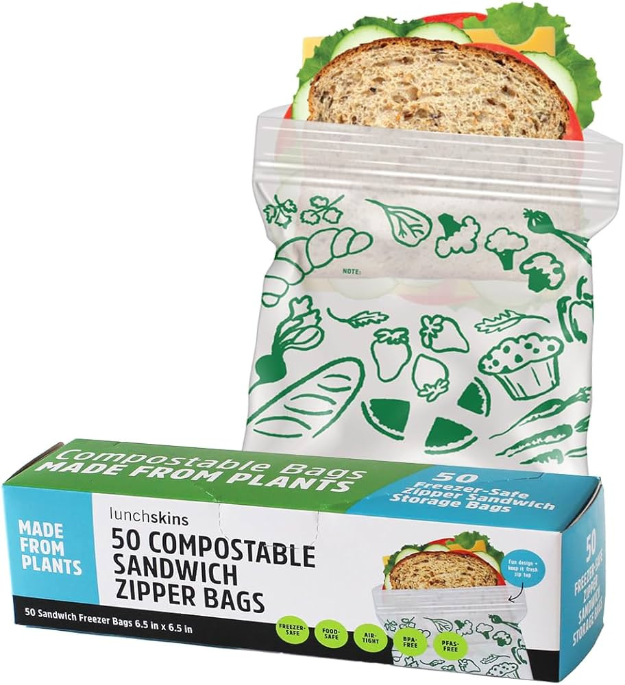 Lunchskins Ziptop Compostable & Resealable Freezer-Safe Food Storage Bags, Sandwich Size, 50 Bags... | Amazon (US)