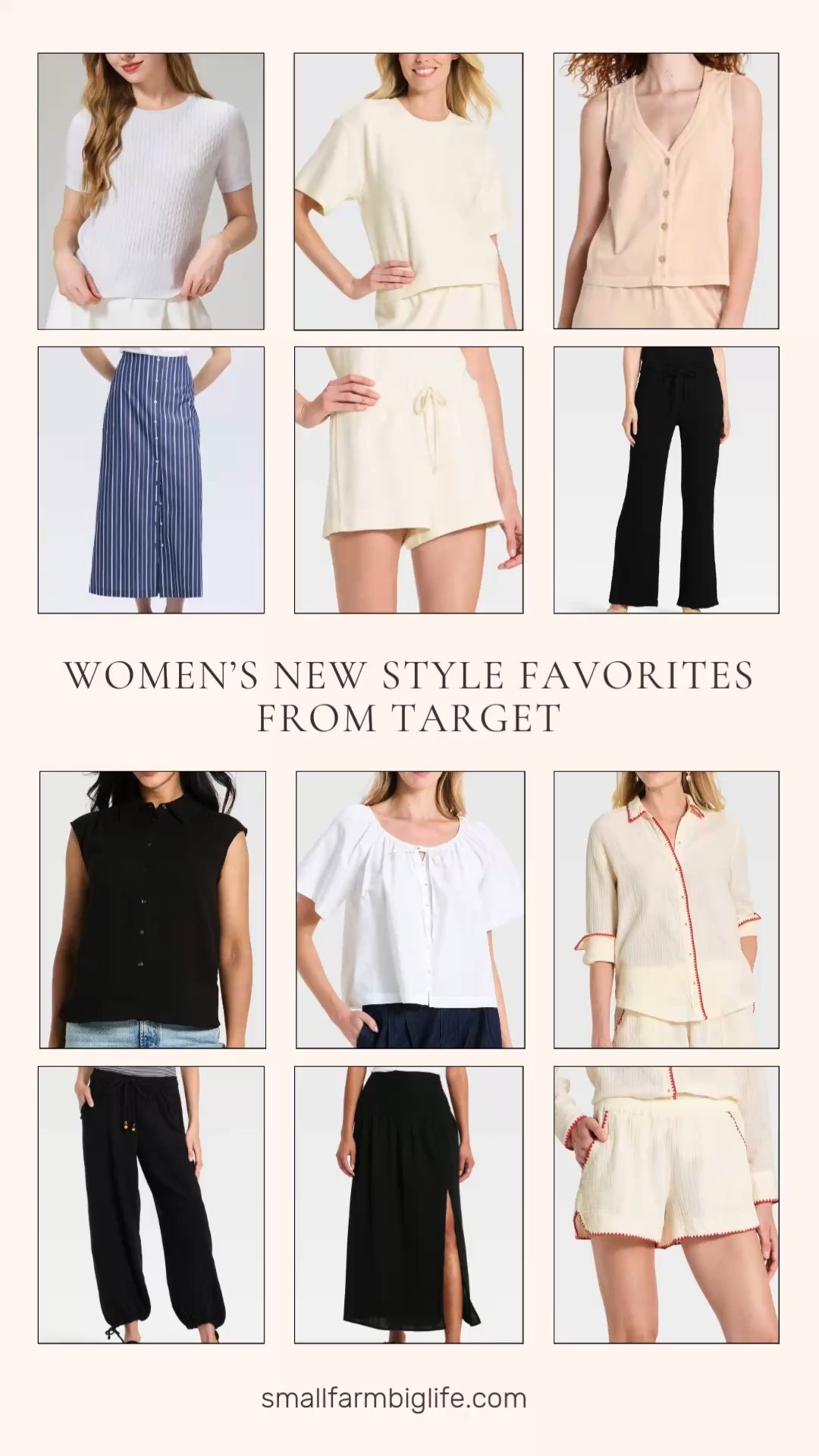 Target Circle Deal Days is live and these pieces are all on sale right now. I rounded up some of my favorite new style finds and the black, white, and cream palette running through this collection makes everything so easy to mix and match. The black cap sleeve collared blouse and the tie front button up top are two of my favorite versatile pieces that work for so many occasions, and the slate blue striped maxi skirt is such a pretty statement piece for summer. The cable crewneck sweater and long sleeve collared button down are great layering pieces for cooler evenings, and the textured terry tee and French terry shorts are the perfect casual weekend combination. The black flare pants, baggy ankle pants, and maxi A line skirt round out the collection with easy and comfortable bottoms for every occasion. Tap to shop while the sale is on! 

 #LTKootd #LTKOver40 #LTKSaleAlert