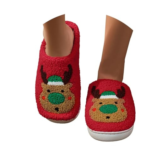 Christmas Slippers Memory Foam for Women Men, Cozy Fuzzy Warm Non Slip Holiday Slides with Santa Reindeer Print (1C-Watermelon Red, 6.5) | Amazon (US)
