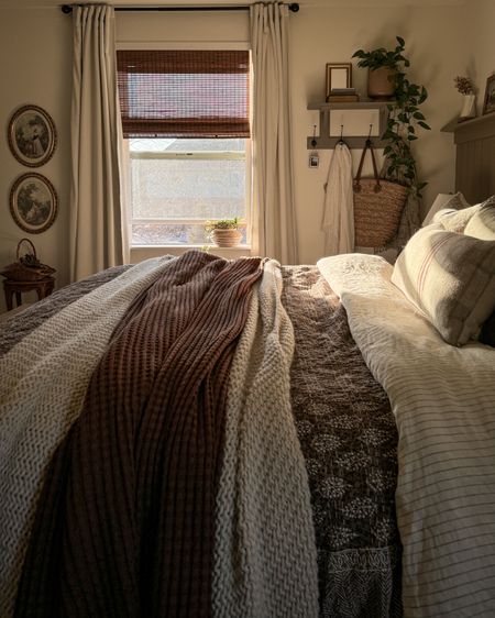 Bedroom, linen bedding, chunky knit blanket, waffle blanket, blackout curtains, throw pillows, bamboo shades, gold oval framed art 

#LTKhome