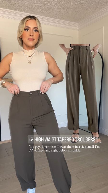Wearing these high waisted tapered trousers in a size small | polyester, not much a stretch I would recommend sizing down 

#LTKworkwear #LTKfindsunder50 #LTKU