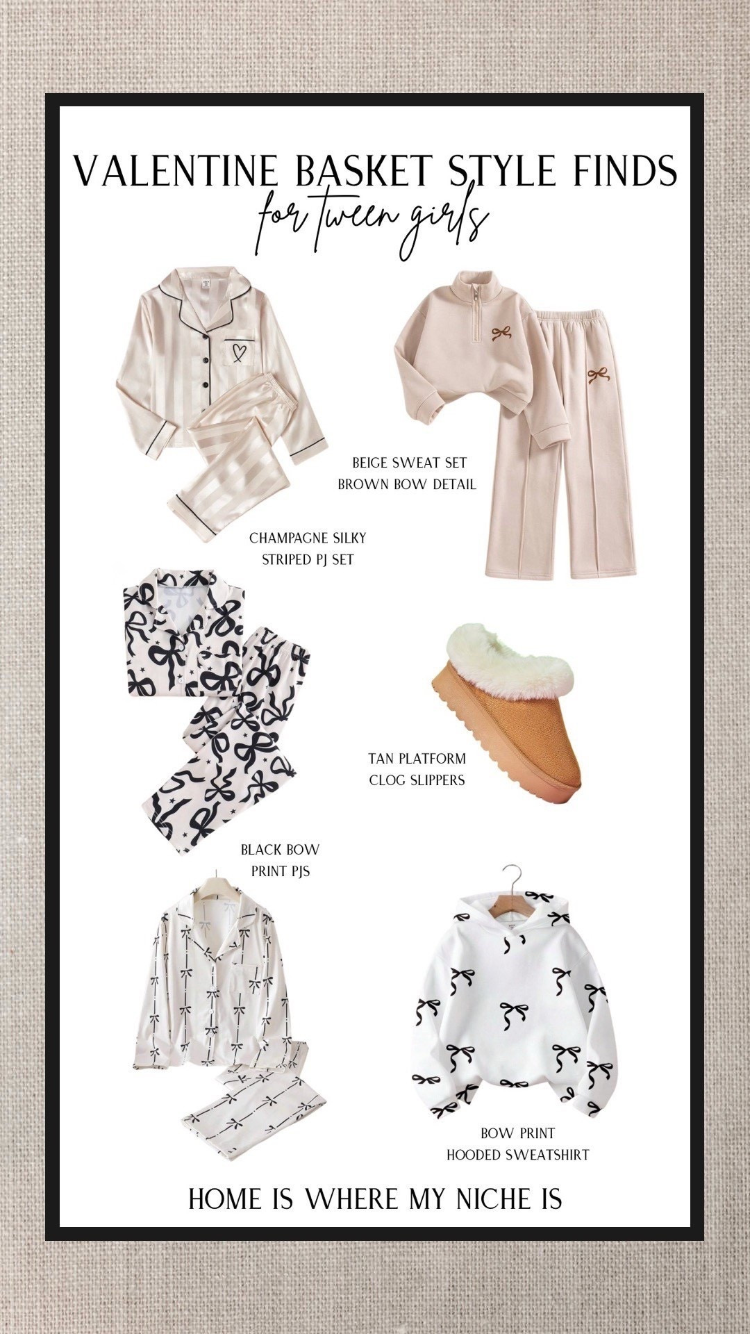 V D A Y / valentine basket style finds for dare I say tween 🤯 girls 🥹♥️

+ champagne striped silky pj set
+ beige sweat set with brown bow detail
+ bow print pajama sets
+ tan platform clog slippers
+ bow print hoodie

#LTKkids #LTKfamily #LTKcanada
