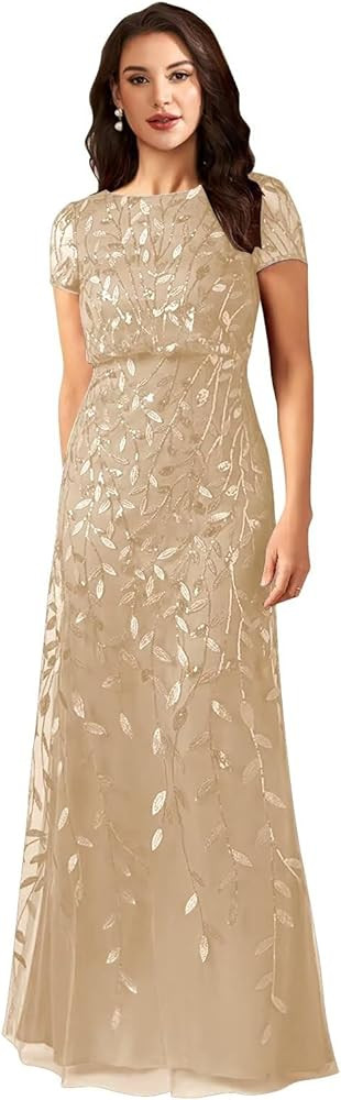 Short Sleeve Mother of Bride Dresses for Women Long A-Line Sequin Laces Formal Evening Gown | Amazon (US)