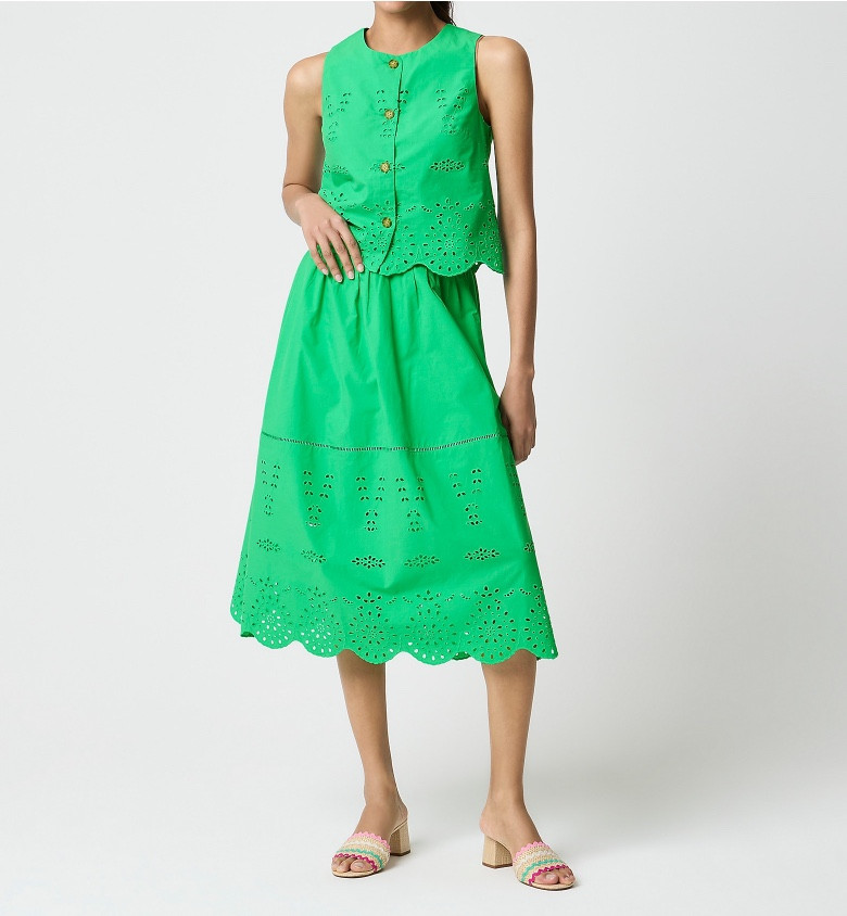 Green eyelet button up tank top and black eyelet midi skirt matching set 

#LTKSeasonal #LTKSaleAlert
