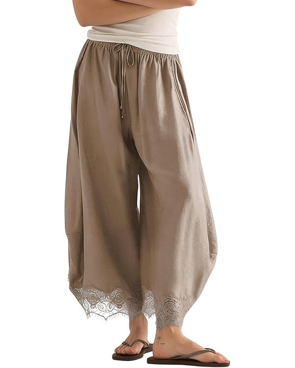PUWEI Women's Cropped Lace-Hem Pants High Waisted Drawstring Wide Leg Pants Casual Lightweight Tr... | Amazon (US)