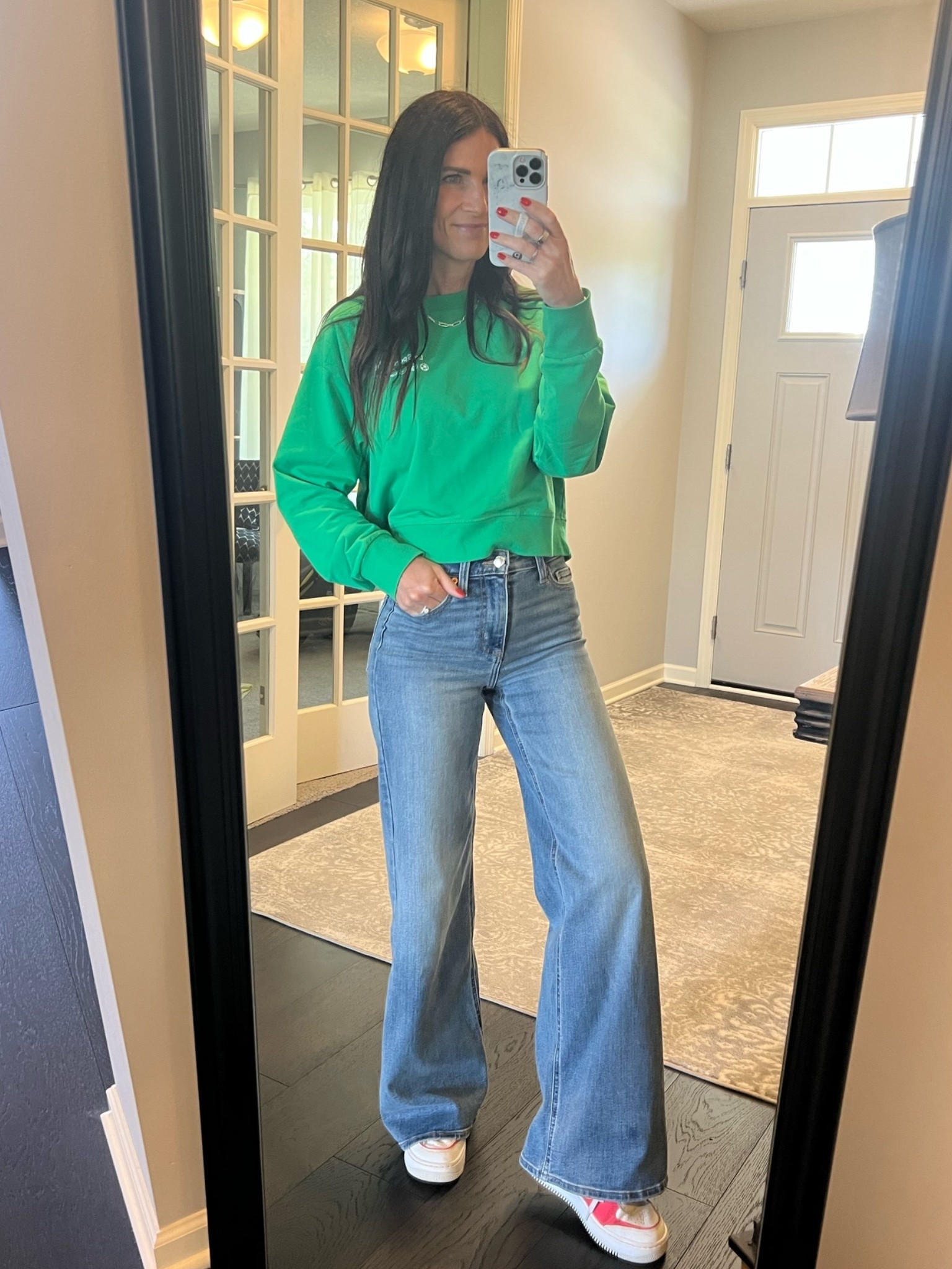 YOU GUYS. These jeans are IT. You may have seen the white pair posted everywhere and I have that pair too but these are ridiculously good. Sometimes I don’t love wide leg jeans because they can look big or a little sloppy but because these fit so well in the waist and thighs they look so sharp. Just enough stretch, high rise fit, and plenty long. I’ve dressed them up with heels and they look even better. Don’t sleep on these - they are the absolute best pair I’ve ever gotten at Target. 🤩 They do run small, I sized up one in this color ( vintage medium wash) and sized up 2 in the white pair.