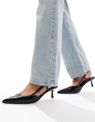 ASOS DESIGN Strike slingback kitten heeled shoes in black | ASOS (Global)