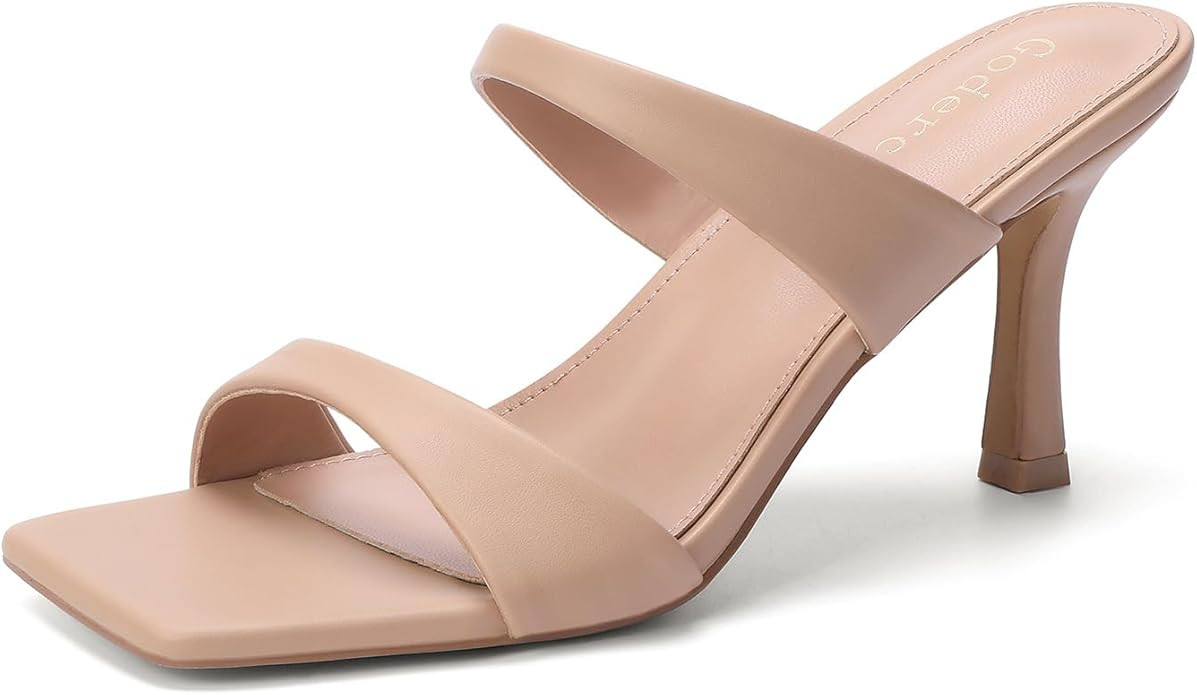 Kitten Heels for Women Two Strap Square Open Toe Mules Heels Slip On Mid Heeled Sandals | Amazon (US)