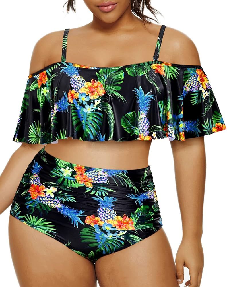Daci Women Plus Size Two Piece Bikini Ruffle Swimsuits with High Waisted Tummy Control Bottom Ruched | Amazon (US)