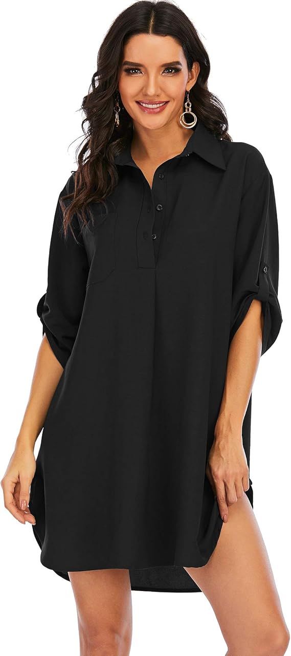 Women's Casual Half Sleeve Button Down Shirt Dress Plus Size V Neck Tunic Blouses Tops with Pocke... | Amazon (US)