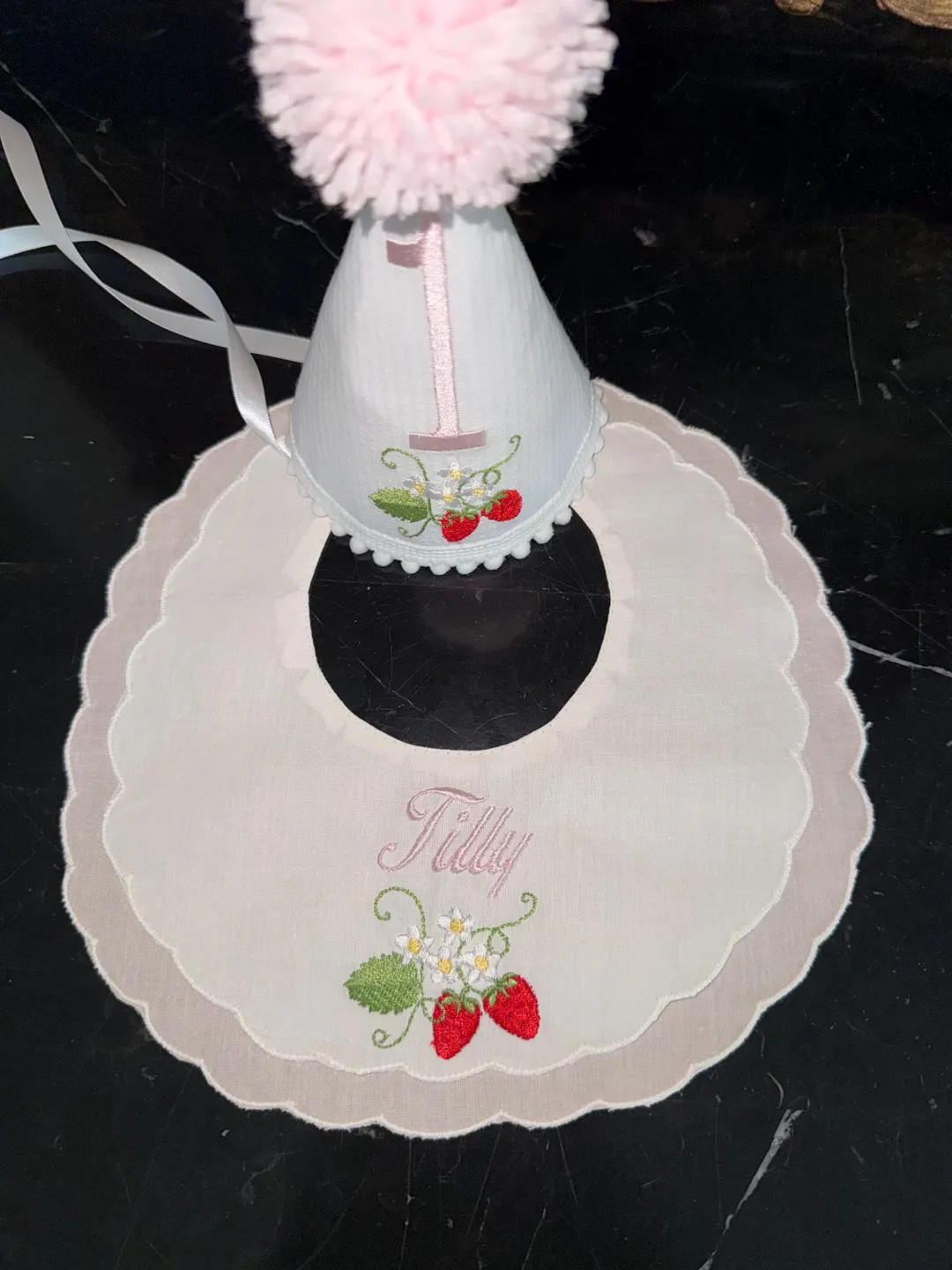 Personalized Embroidered Strawberry First Birthday Hat-Double Scalloped Bib-Party Hat-Birthday Bi... | Etsy (Global)