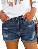 MODARANI Mid Rise Denim Shorts for Women Ripped Frayed Worn Shorts Stretchy Comfy Deep Blue XL | Amazon (US)